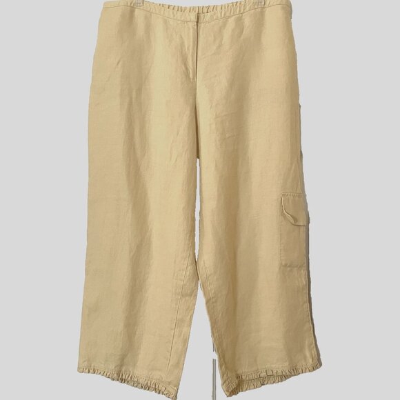 J. Jill Yellow Linen Crop Cargo Pants Bloomers Large Ruffle Trim Summer - Picture 1 of 9